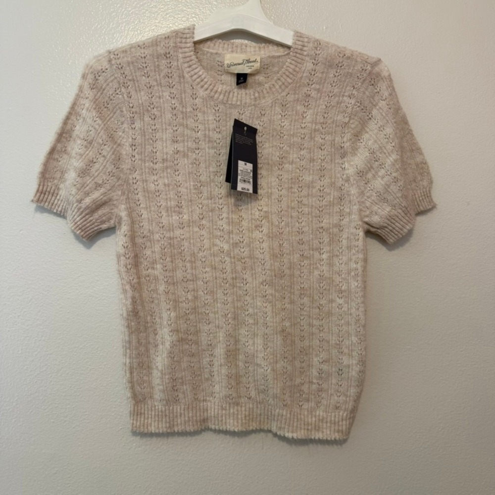 Universal Thread Womens Oatmeal Heather Pointelle Short Sleeve Sweater NWT M